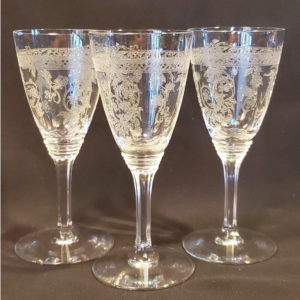 3 Vintage Heisey Wine Glasses in Frontenac Clear Etched